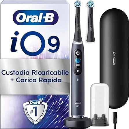 Oral-B iO 9 Spazzolino Elettrico, 2 Testine di Ricambio, Custodia, Nero | 2 Testine di Ricambio per Spazzolino Elettrico Ricaricabile, Custodia da Viaggio, Copri Testina, Pulizia Denti Efficace