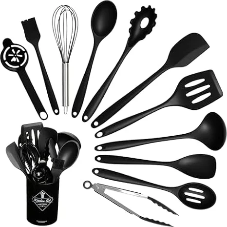 VINATO Set di Utensili da Cucina in Silicone, 12 Pezzi, Utensili Cucina, Senza BPA per Cottura, Adatto Lavastoviglie, Nero