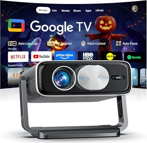 Proiettore 4K【Google TV,3000ANSI,360°Rotazione】Autofocus e Correzione Trapezoidale 6D, Wi‑Fi 6 e Bluetooth 5.2, Proiettore Portatile con Controllo Vocale, Home Theater, Proiezione a Soffitto