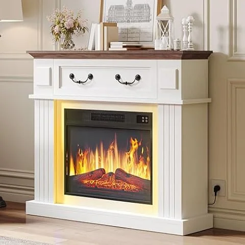 YITAHOME 38 Camino Elettrico con Mobile, LED 24 Color Spazio di Stoccaggio | Bianco Caminetto elettrico da terra decorativo, Effetto fiamma 3D realistico, time termostato e telecomando