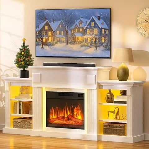 YITAHOME 72" Camino Elettrico da Terra, Effetto Fiamma 3D Mobile TV | Camino Elettrico Decorativo da Terra Mobile TV con Spazio di Archiviazione Aperto, termocamino con LED d'ambiente, timer