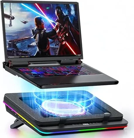 IETS GT600 RGB, cuscinetto di raffreddamento per computer portatile con ventola turbo da 14 cm, schiuma sigillata per un rapido raffreddamento di laptop da gioco, 14,1 – 19,3 pollici con hub USB a 3