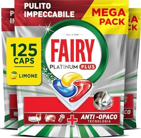 Fairy Platinum Plus Pastiglie Lavastoviglie Tutto in Uno, 125 Caps, Limone | Detersivo in Capsule, Stoviglie Brillanti, Rimuovi Grasso, Efficace nei Cicli Brevi al Primo Lavaggio, Anti-Opaco, Giga Pack
