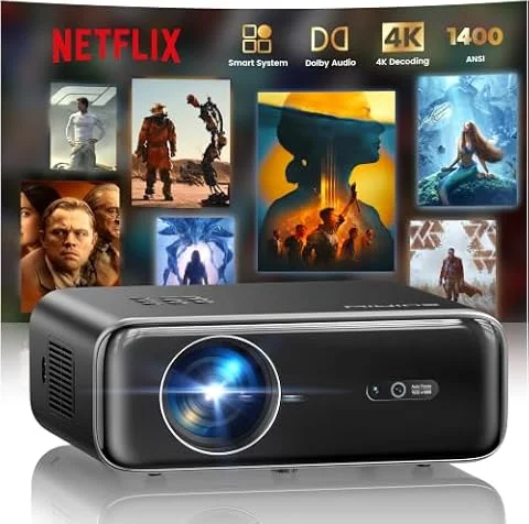 WiMiUS Proiettore [Netflix Incluso/Dolby/Autofocus] Smart Proiettore 4K Support, WiFi Bluetooth Videoproiettore Full HD 1080P Nativo Portatile con Auto Keystone/Zoom 50%/HDMI ARC/CEC per Home Cinema