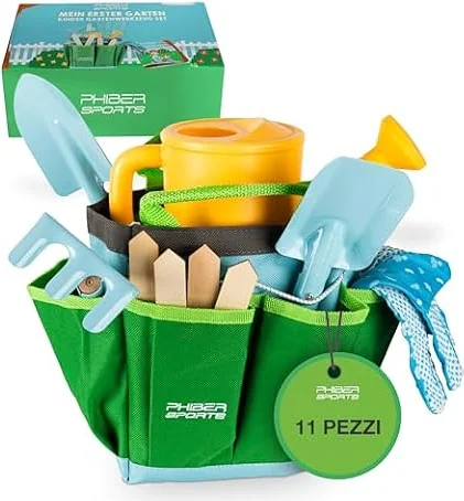 PHIBER-Sports Set di Attrezzi da Giardino per Bambini (11 Pezzi) - Attrezzi da Giardinaggio per Bambini dai 3 Anni in su - Strumenti in Metallo, annaffiatoio, Guanti da Giardinaggio, Borsa