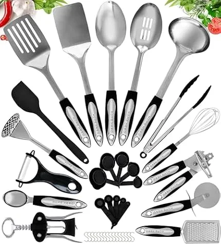 Home Hero Set Utensili da Cucina 40 Pezzi Acciaio Inox Antiaderente | 40 utensili da cucina in acciaio inox 430 termoresistenti e antiaderenti, lavabili in lavastoviglie.