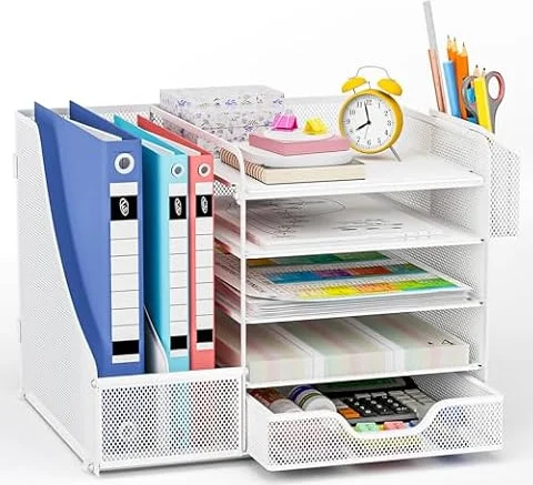 Apritsce Organizer Scrivania, Portadocumenti da Scrivania, 5 Vaschette Portadocumenti Ufficio con Cassetto e Portapenne, Multifunzionale Organizer Cancelleria per Ufficio Cancelleria Casa