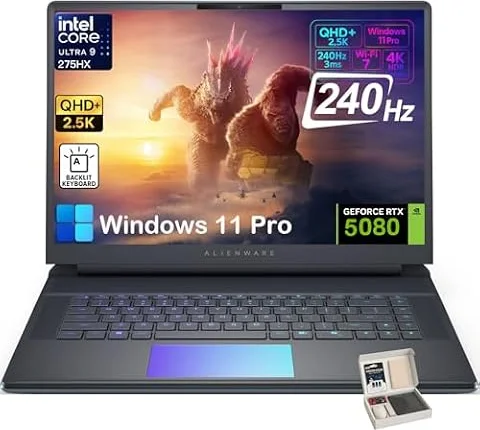 Alienware Computer portatile da gioco 16 zone 51, NVIDIA RTX 5080 16 GB GDDR7, Intel Ultra 9 275HX, schermo 16" QHD+ 240 Hz 500 nits, Win11 Pro, AlienFX RGB KB, lettore DVD esterno (64 GB DDR5 | SSD