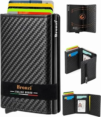 Bronzi® Portafoglio Uomo Slim Piccolo | Portacarte Uomo Donna Portatessere Porta Carte Di Credito | Portafogli Mini Protezione RFID con Portamonete | Box Regalo - Brand Italiano [Aggiornato 2026]