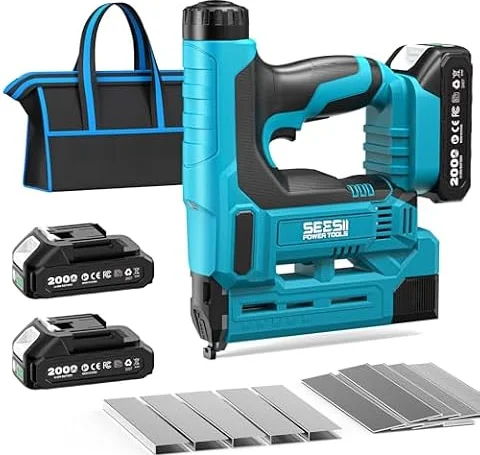 SEESII Chiodatrice Brad a Batteria, Pistola Sparachiodi Elettrica Calibro 18 con 2 Batterie da 2,0Ah e 1000 Pezzi di Chiodi e Graffette, Profondità di Inchiodatura Regolabile