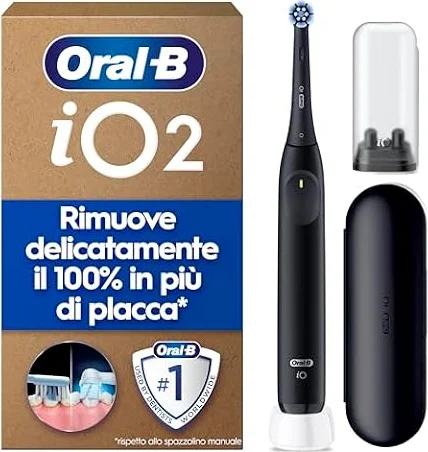 Oral-B iO 2 Spazzolino Elettrico, 1 Testina di Ricambio, Custodia, Nero | 1 Testine di Ricambio per Spazzolino Elettrico, Ricaricabile, Custodia da Viaggio, Delicato sulle Gengive, Pulizia Denti