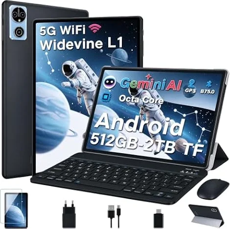 Tablet 10 Pollici Android 15 Tablets con Gemini AI, 64GB+2TB TF, GMS, Tablets 5G+2.4G WIFI, Octa-Core 2.0GHz, Face ID,Widevine L1 FHD,BT5.0,Type-C,8MP+5MP, GPS ,Tablet 3 in 1 con Tastiera e Mouse,Nero